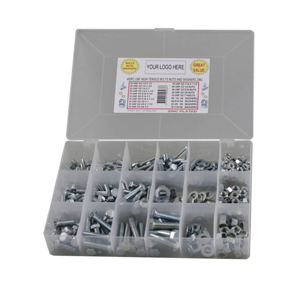 480pc Imperial UNF Hex Bolt Nut & Washer Kit G5 Zinc Plated